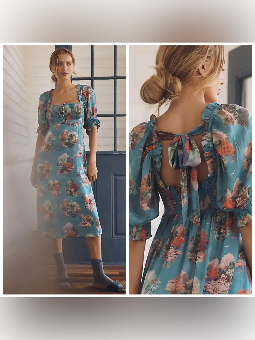 Anthropologie Puff Sleeve Smocked Midi Dress Blue Floral XS